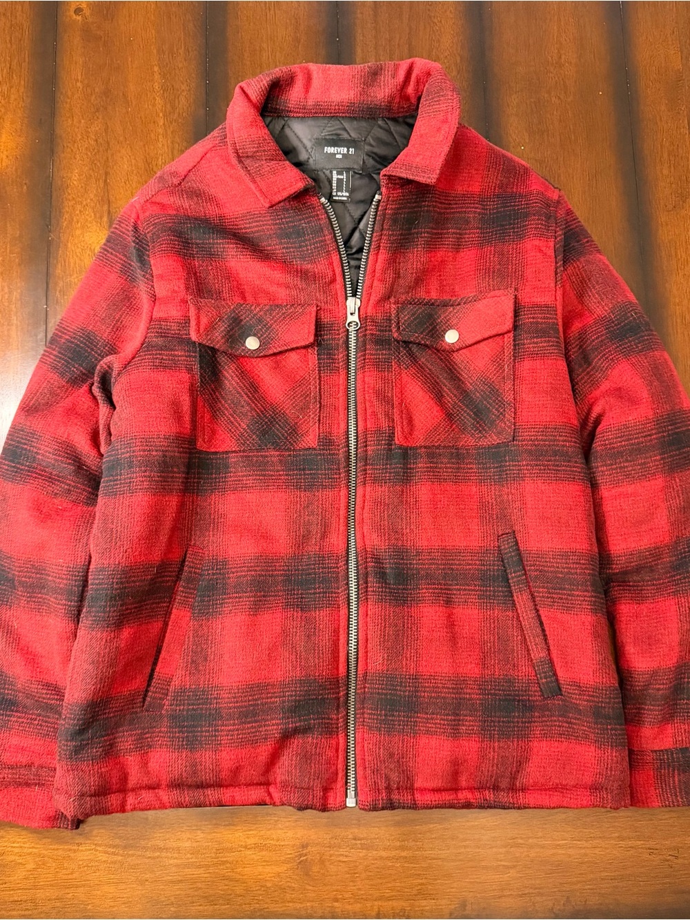 Forever 21 Men's Red and Black Plaid Zip-Front Shirt Jacket